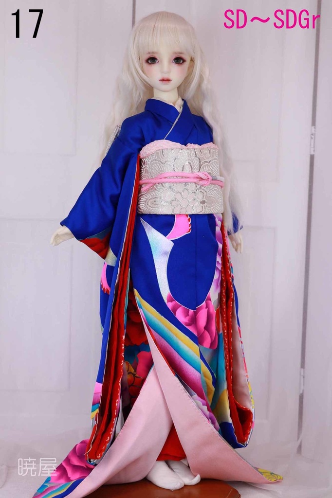 ⑰青地極彩色の光(？)と薔薇柄のお着物セット　SD～SDGrサイズ
