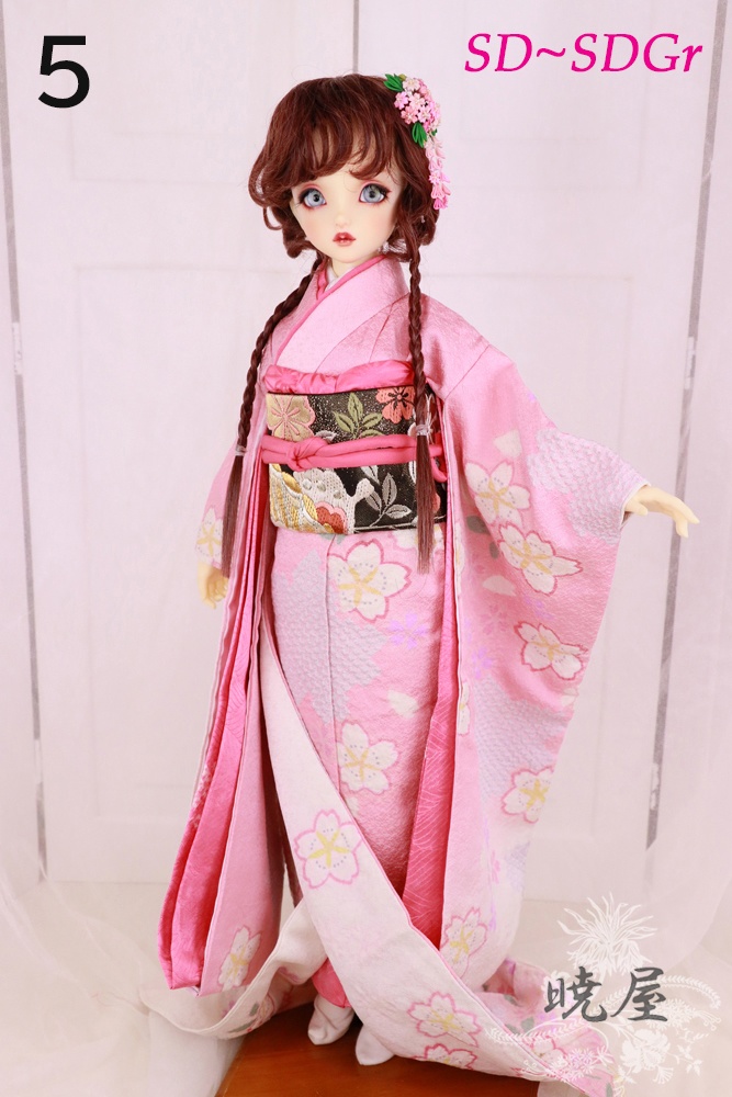 ⑤ピンク地桜と絞り柄お着物セット１