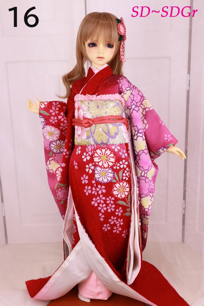 ⑯濃ピンクぼかし地八重桜柄お着物セット　