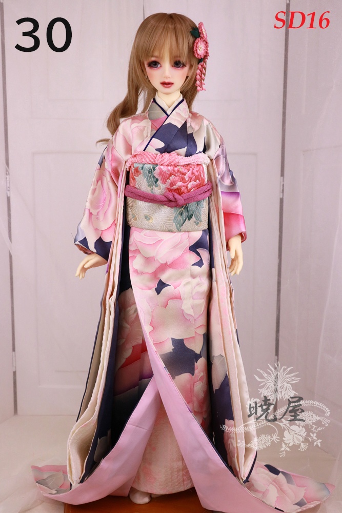 ㉚グレイ地薔薇柄お着物セット　SD16サイズ