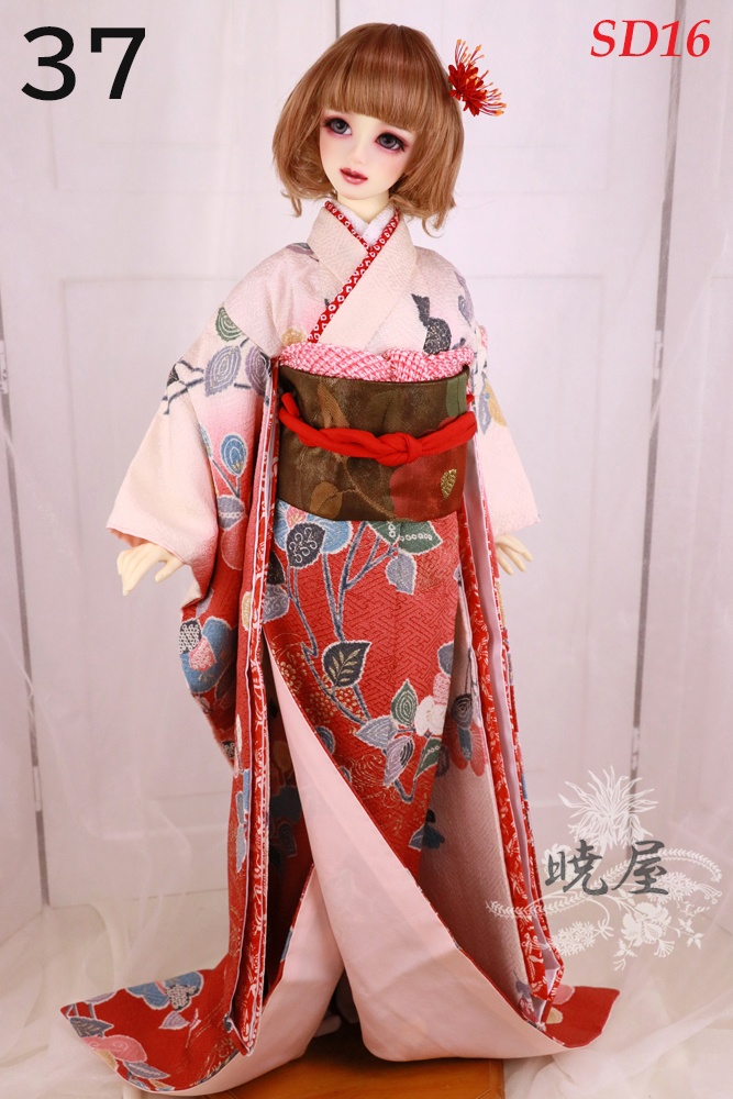 ㊲洗柿から銀朱色ぼかし地に椿柄お着物セット　SD16サイズ