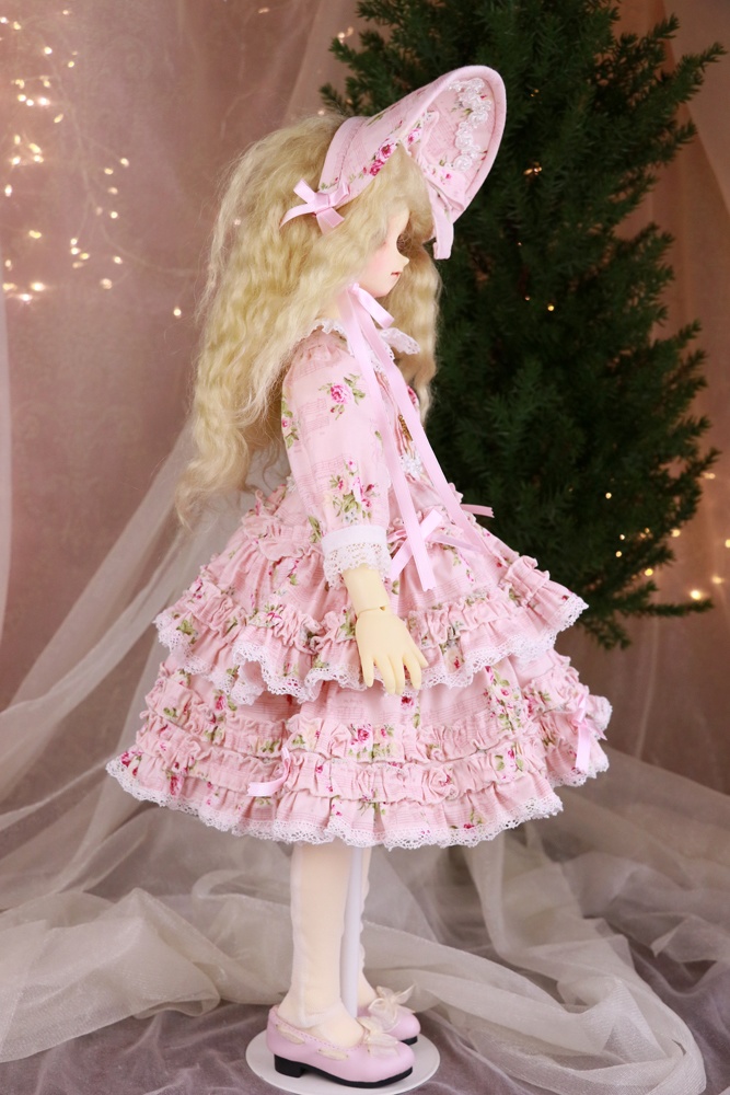 SDM 被せ段々スカートワンピース ピンクプリント×オフ白