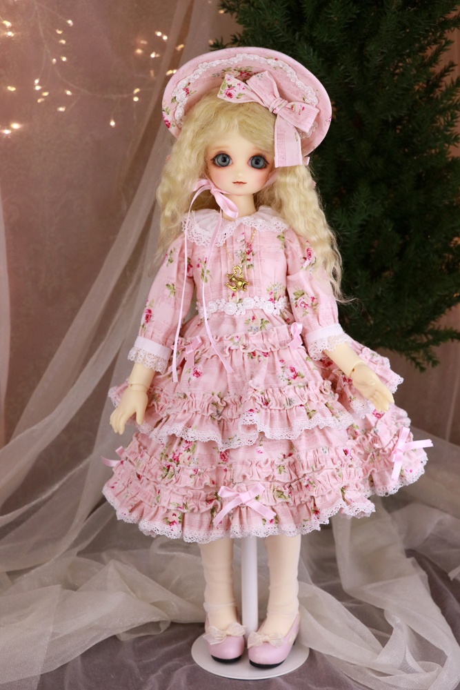 SDM 被せ段々スカートワンピース　ピンクプリント×オフ白