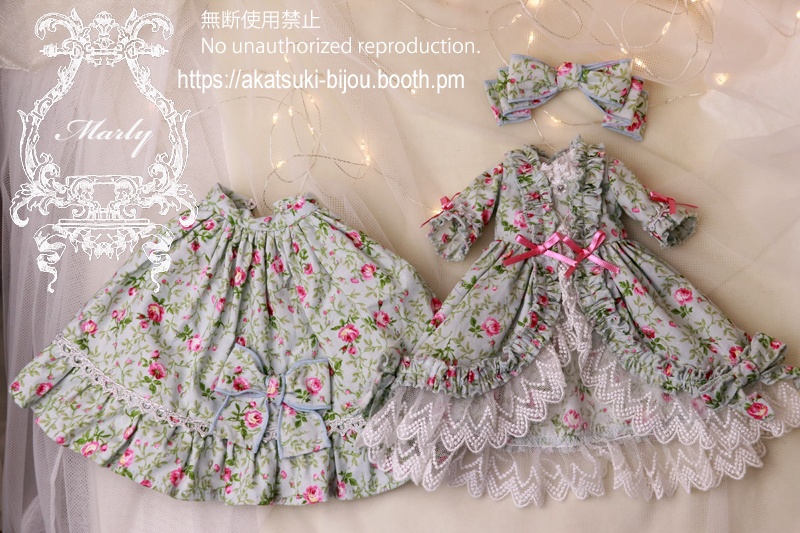 幼SDサイズ オパールグリーン色小薔薇柄のロココ風ドレス