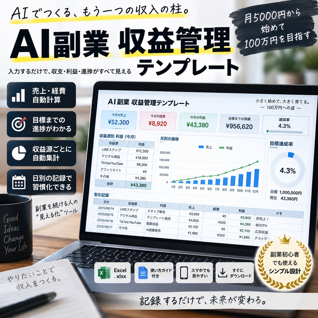 AI副業 収益管理テンプレート｜売上・経費・利益を自動計算