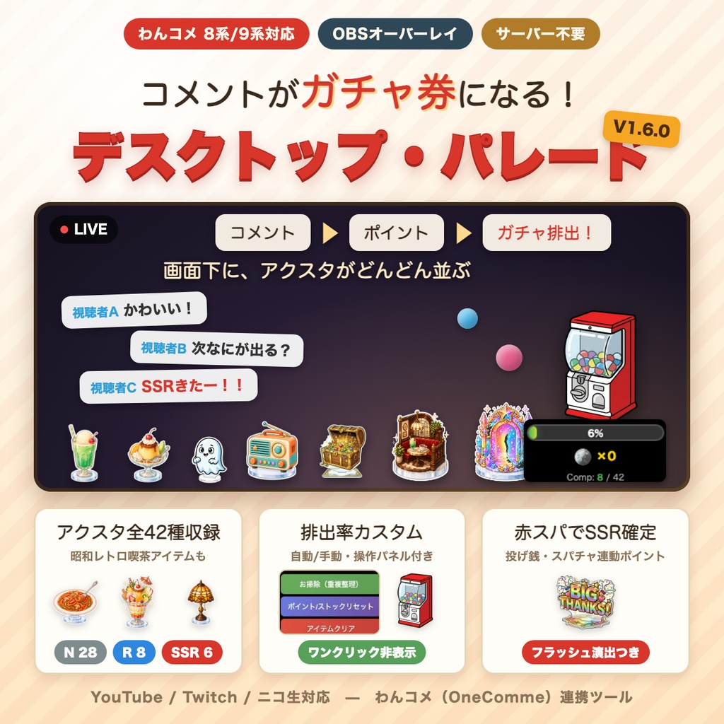 【わんコメ連携】デスクトップ・パレードV1.6.0【42種アクスタ収録】コメント参加ガシャで画面下にアクスタが並ぶOBSオーバーレイ
