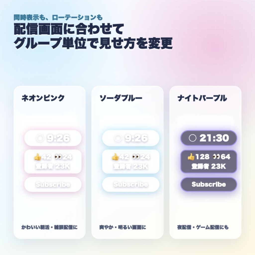 【わんコメ連携】配信欲張りスターターセット - 縦型配信向け 時計・高評価・同接・登録者数・Subscribe催促OBSオーバーレイ