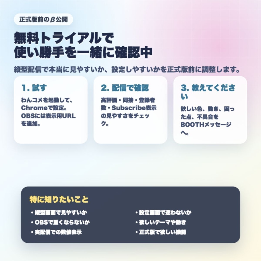 【わんコメ連携】配信欲張りスターターセット - 縦型配信向け 時計・高評価・同接・登録者数・Subscribe催促OBSオーバーレイ
