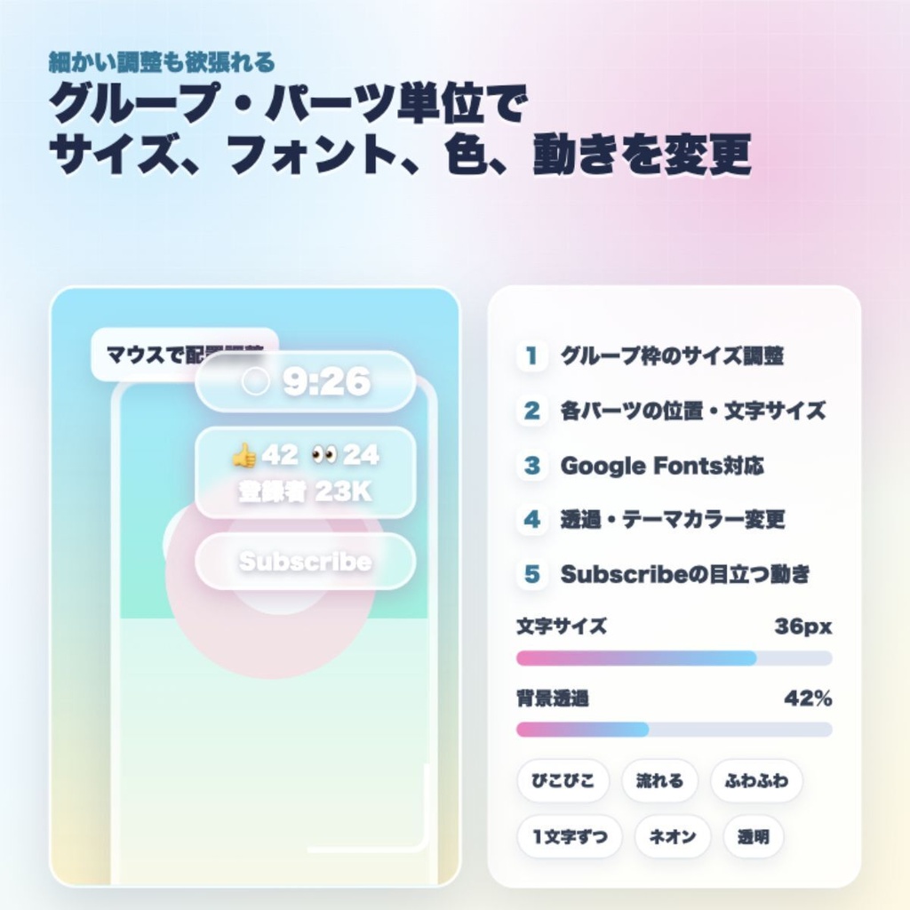 【わんコメ連携】配信欲張りスターターセット - 縦型配信向け 時計・高評価・同接・登録者数・Subscribe催促OBSオーバーレイ