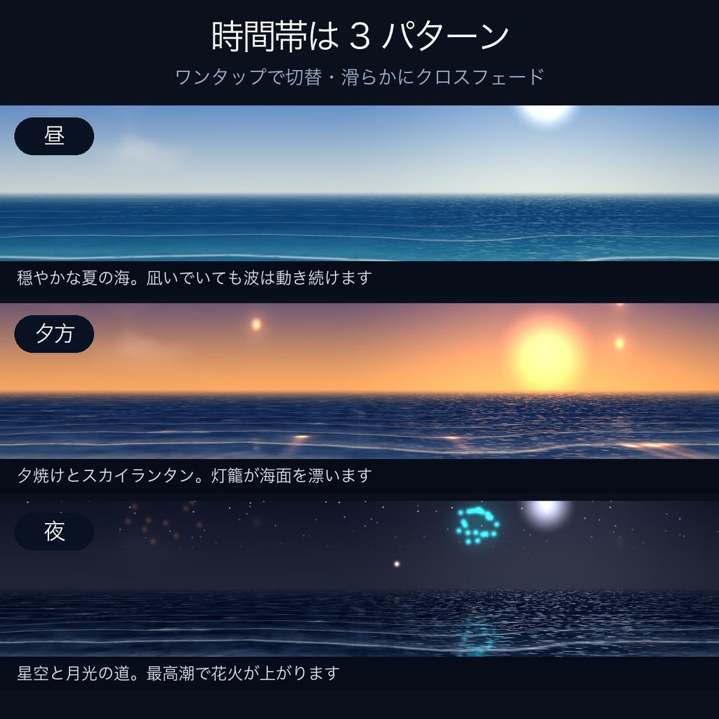 【わんコメ連携】コメントで波がさわぐ夏の配信背景「コメサイドビーチ」【昼・夕・夜/花火演出】