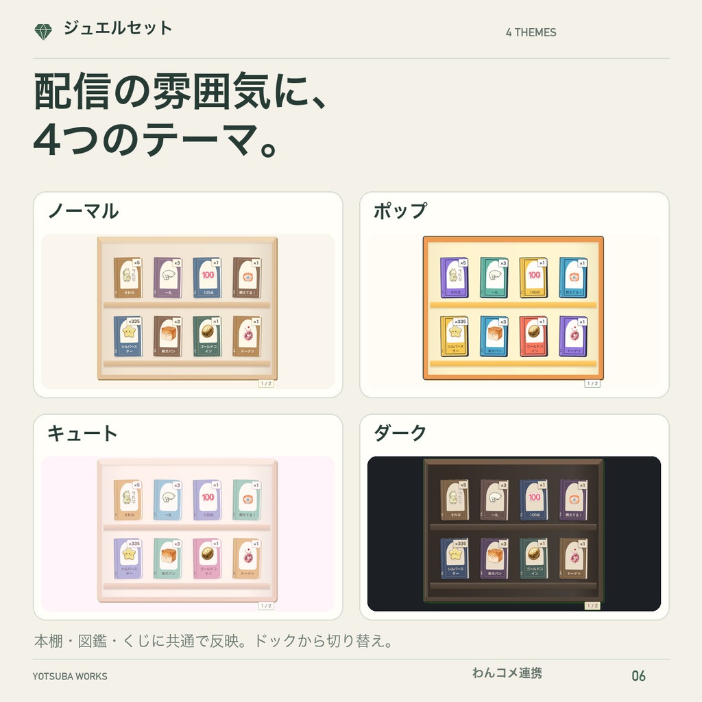 【わんコメ連携】ジュエルセット - 本棚・図鑑・くじで選んで、キャラに飾るジュエル演出【YouTube/VTube Studio対応】