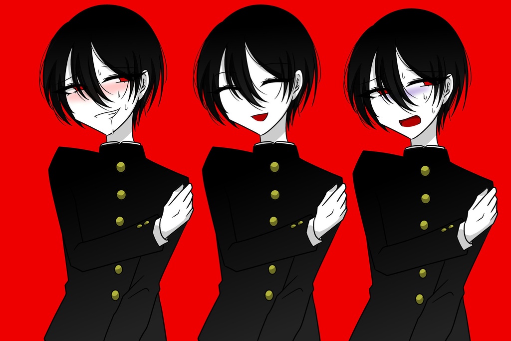 ホラー風黒髪赤目美少女&美少年立ち絵素材セット