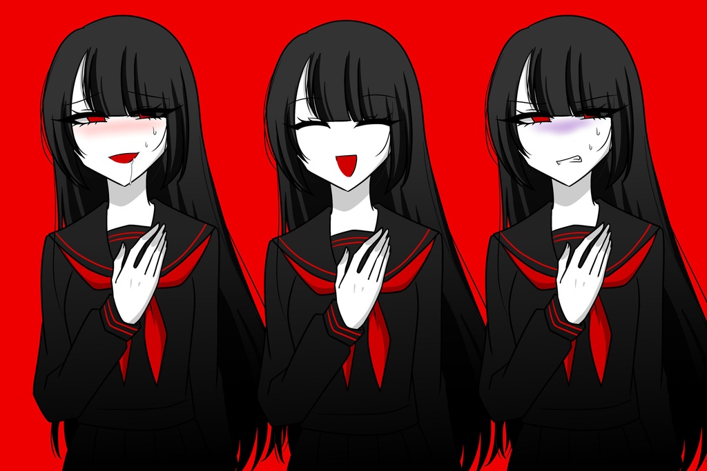 ホラー風黒髪赤目美少女&美少年立ち絵素材セット