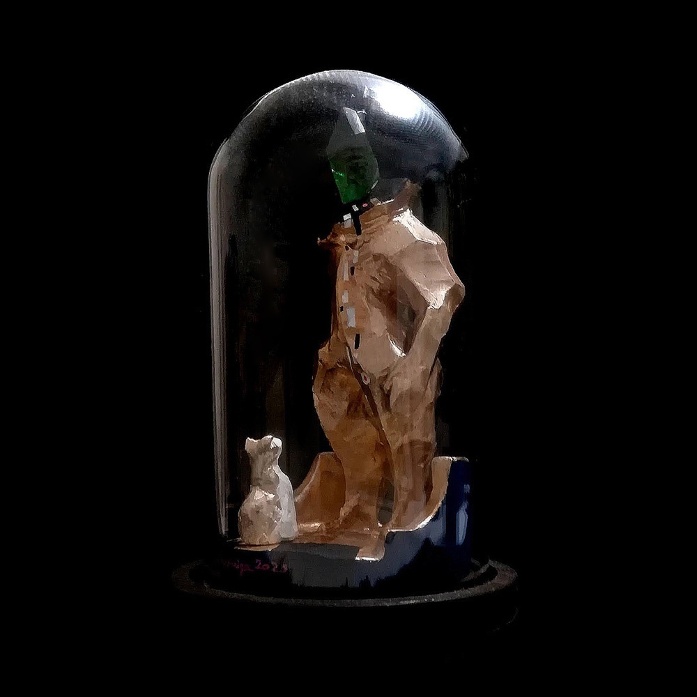 水晶生命体と猫の像