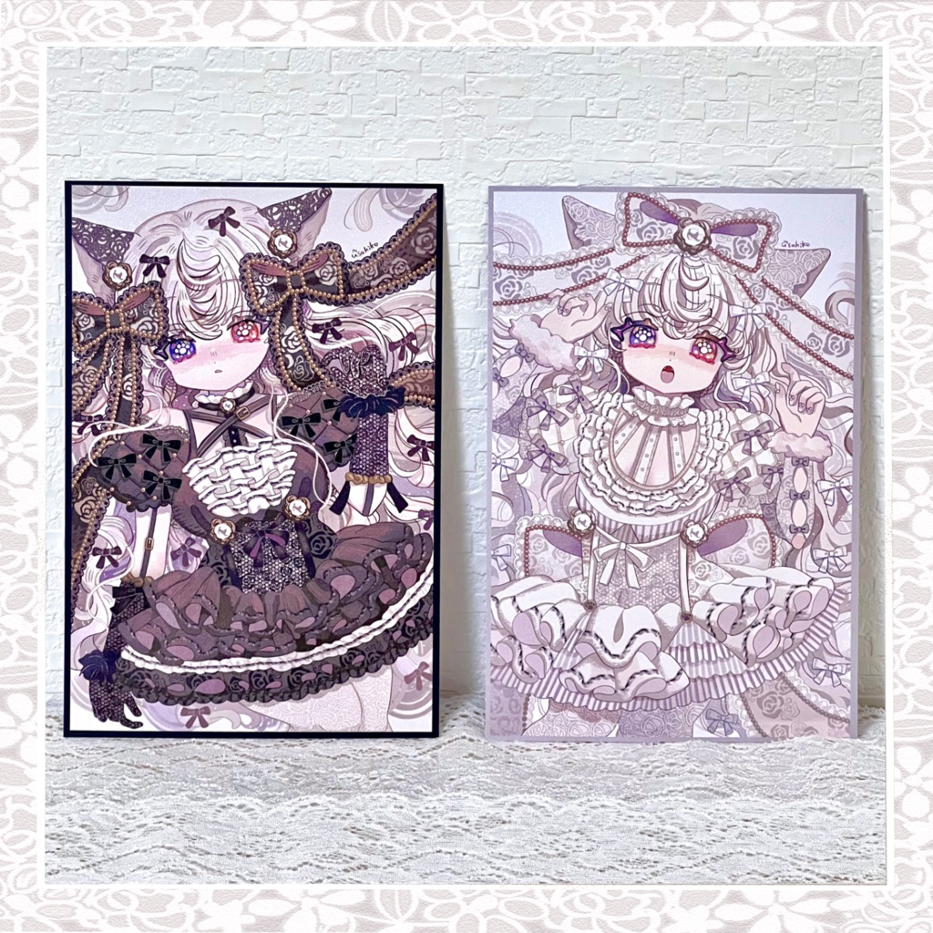 キラキラポストカード2種(ゴスロリ白猫ちゃん)