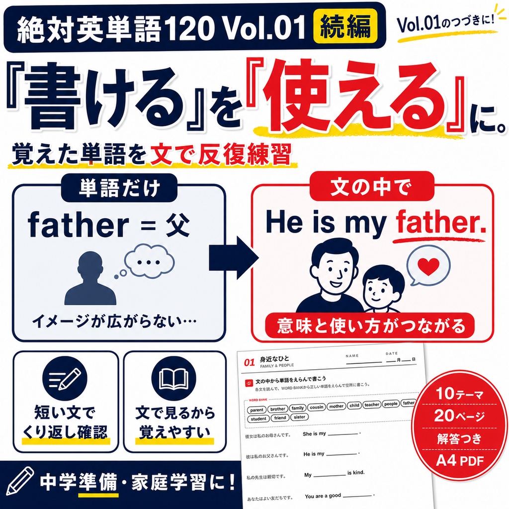 【絶対英単語120 Vol.01対応】フレーズミッション|覚えた単語を、短い文で使って書ける英単語練習PDF