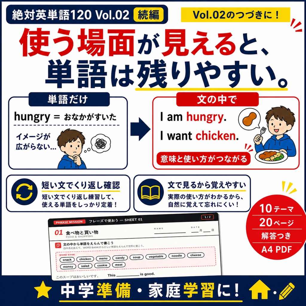 【絶対英単語120 Vol.02対応】フレーズミッション|覚えた単語を、短い文で使って書ける英単語練習PDF