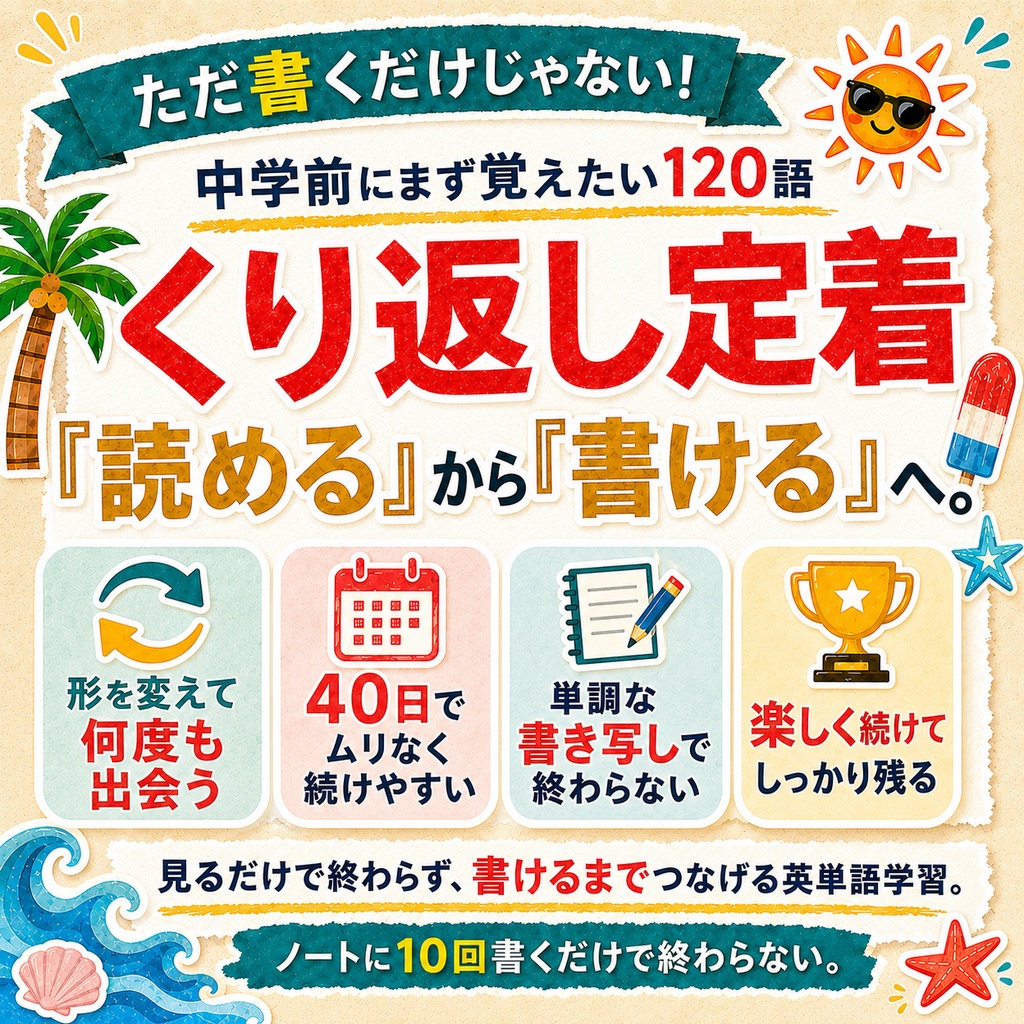 夏休み英単語トレーニング|中学前に覚えたい基本の120語【40日ミッション/A4 69ページ】