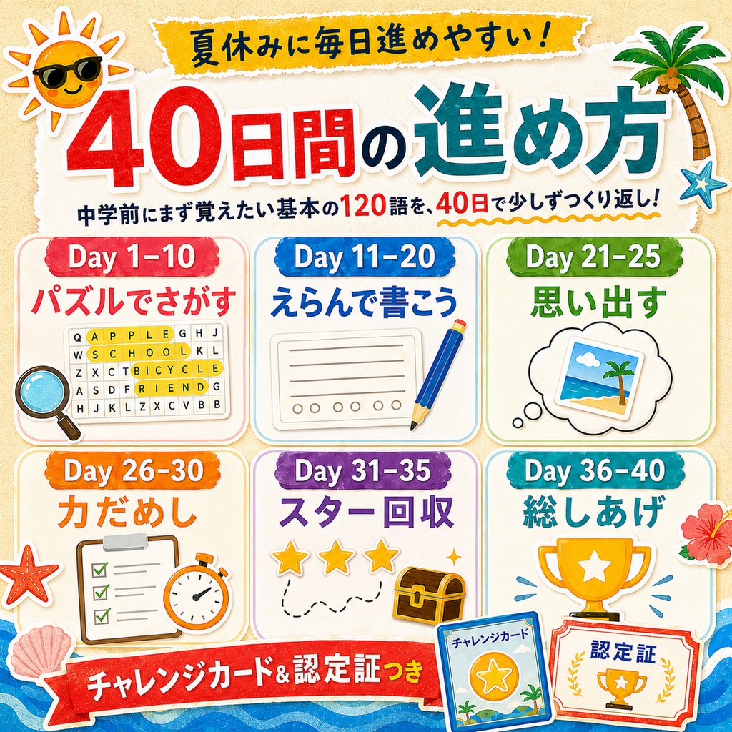 夏休み英単語トレーニング|中学前に覚えたい基本の120語【40日ミッション/A4 69ページ】