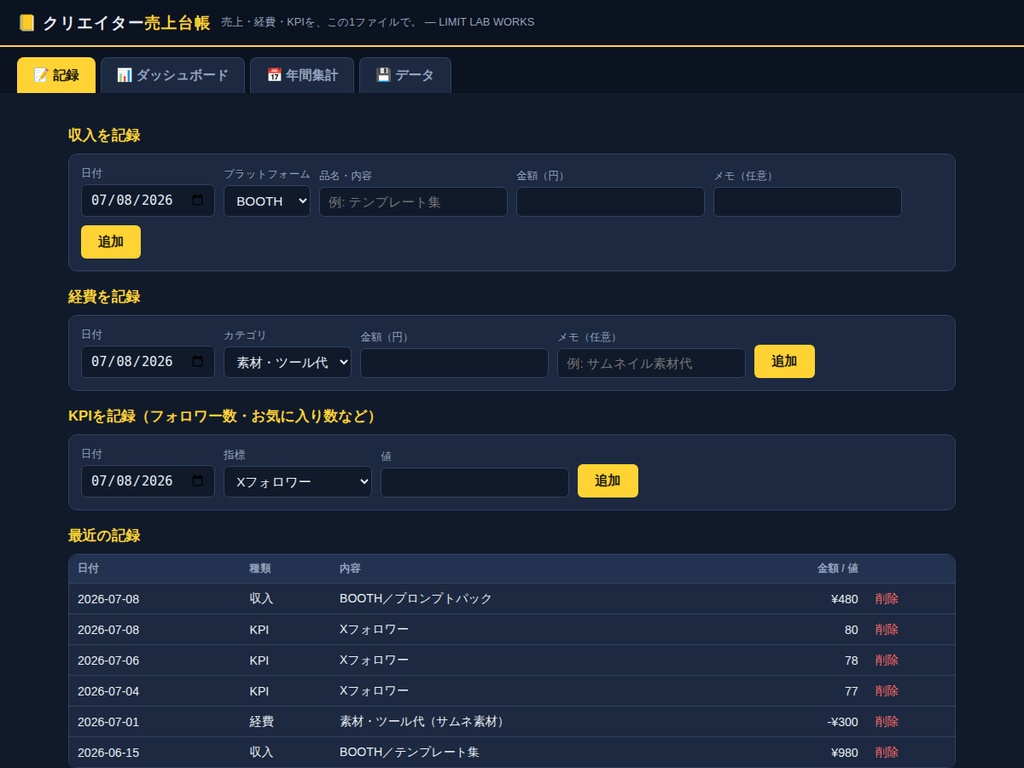 【同人・創作の売上管理】クリエイター売上台帳 — 売上・経費・手取り計算・CSV対応をHTML1つで(インストール不要)