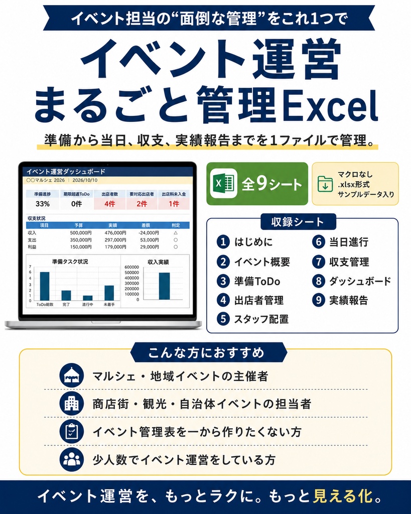 イベント運営まるごと管理Excel|出店者・ToDo・当日進行・収支をこれ1つで