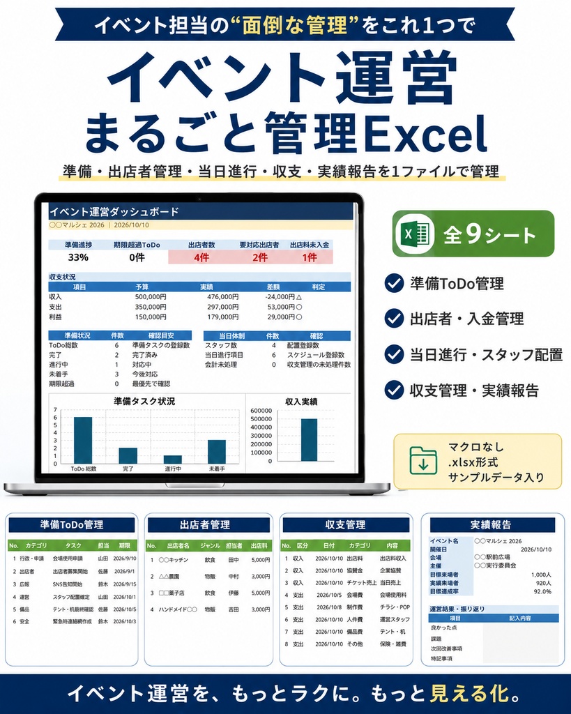 イベント運営まるごと管理Excel｜出店者・ToDo・当日進行・収支をこれ1つで