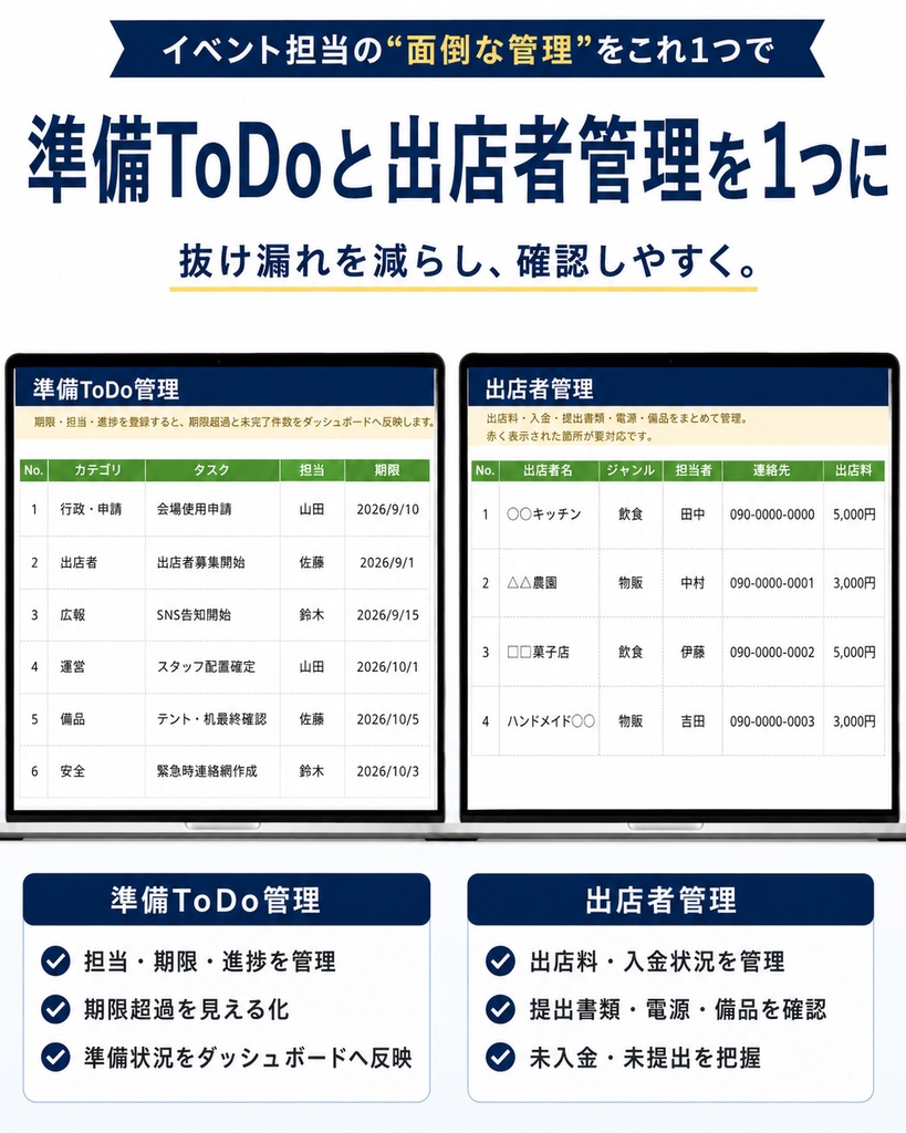 イベント運営まるごと管理Excel|出店者・ToDo・当日進行・収支をこれ1つで