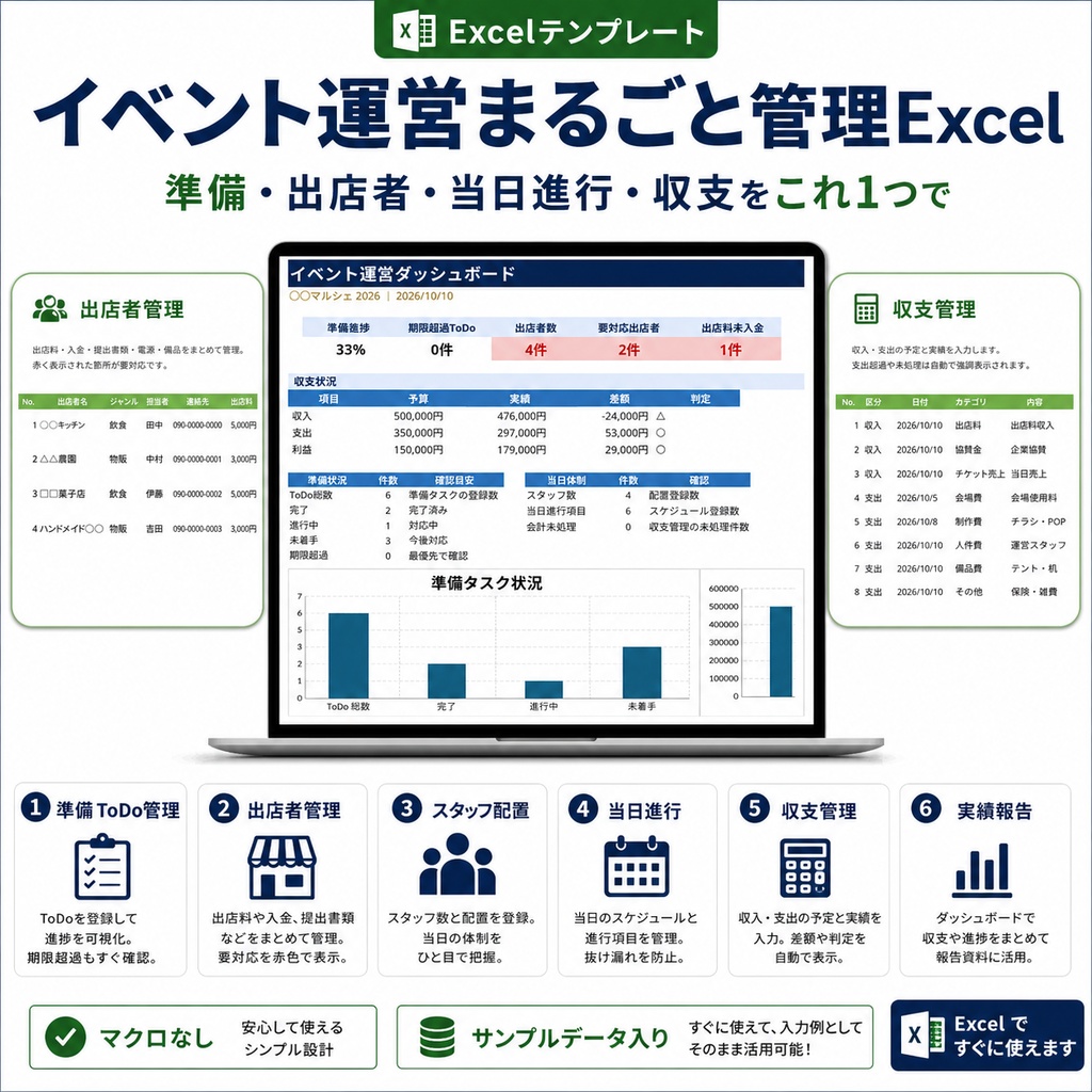 イベント運営まるごと管理Excel｜出店者・ToDo・当日進行・収支をこれ1つで