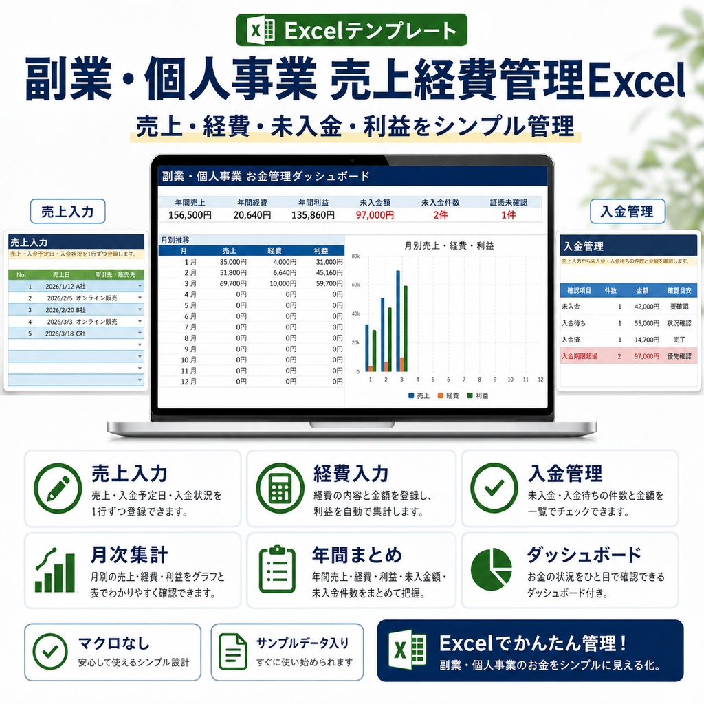 副業・個人事業 売上経費管理Excel|売上・経費・未入金・利益をシンプル管理