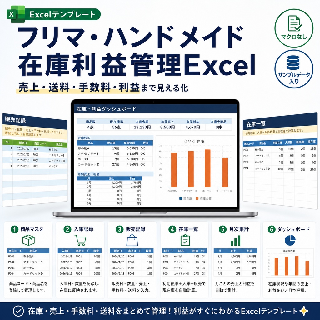 フリマ・ハンドメイド 在庫利益管理Excel｜売上・送料・手数料・利益まで