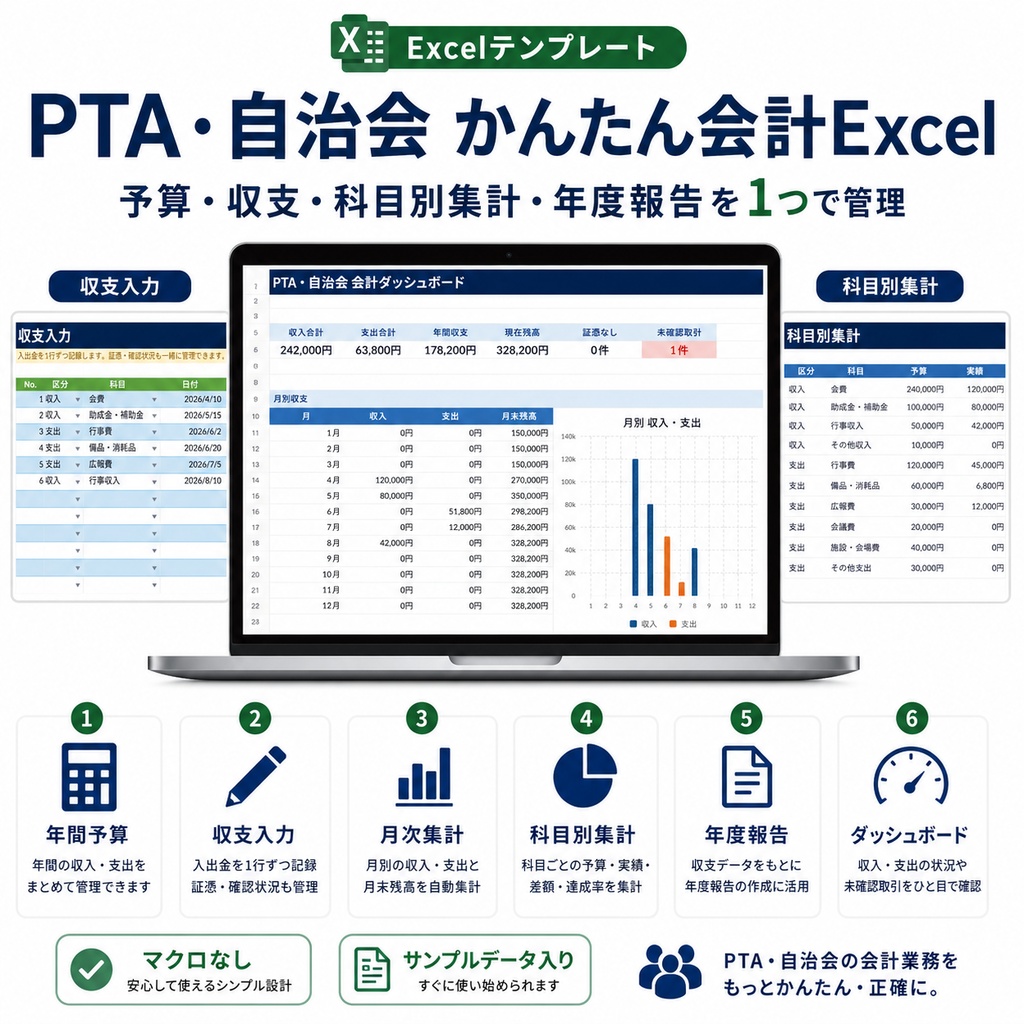 PTA・自治会 かんたん会計Excel｜予算・収支・科目別集計・年度報告