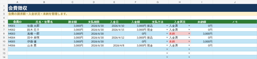 PTA・自治会 会費徴収管理Excel|会員・入金・未納をひと目で管理