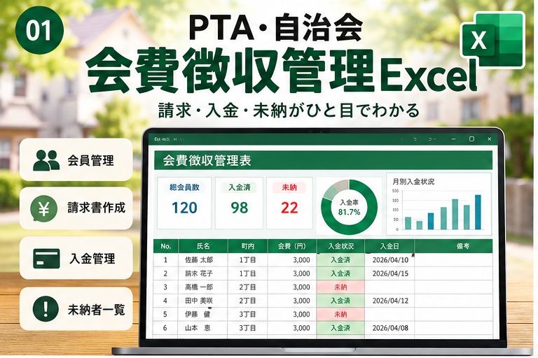 PTA・自治会 会費徴収管理Excel｜会員・入金・未納をひと目で管理