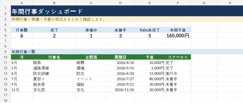 自治会・町内会 年間行事管理Excel|行事・担当・準備・予算をまとめて管理