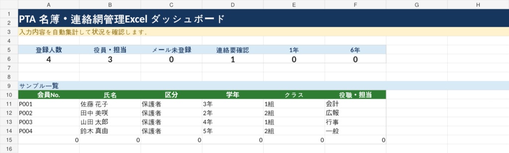 PTA 名簿・連絡網管理Excel|役員・クラス・連絡先を見やすく整理