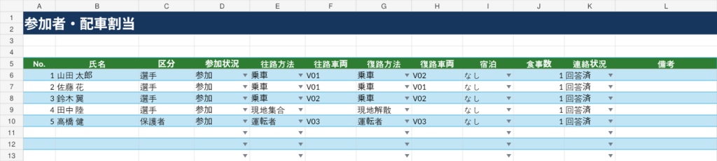 スポ少・地域クラブ 遠征・配車管理Excel|往復配車・定員チェック・費用見積