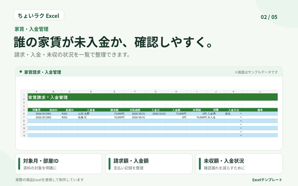 小規模大家さん 賃貸経営管理Excel|家賃・入金・未収・契約・修繕・収支