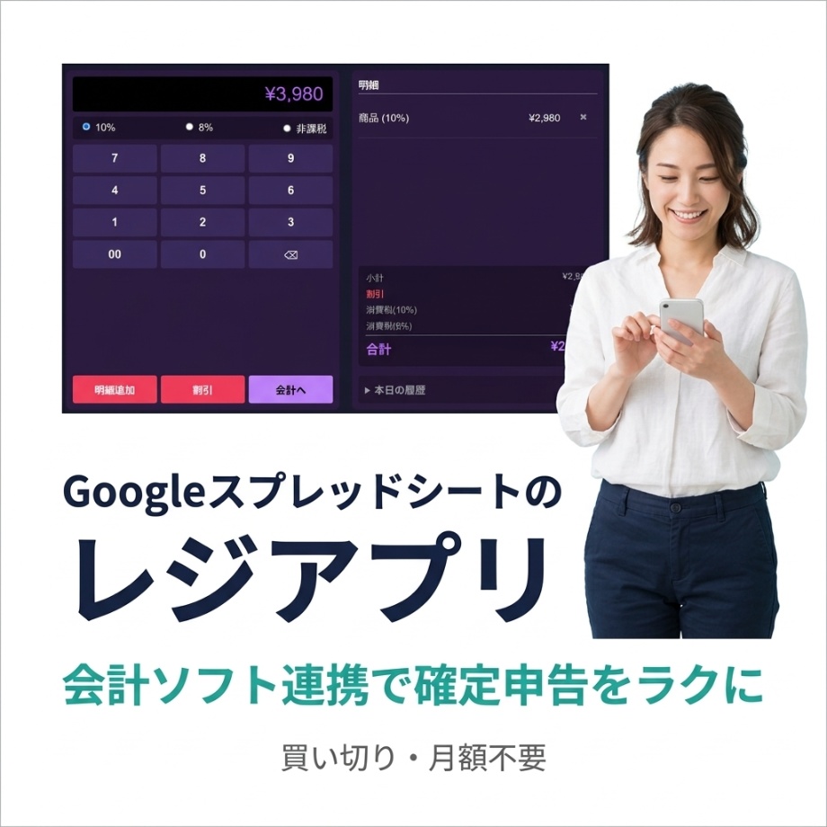 買い切り・月額不要|Googleスプレッドシートのレジアプリ【freee・やよいCSV出力対応】
