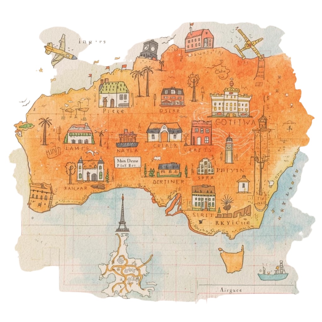 旅行シリーズのオレンジ色アンティーク水彩クリップアート(PNG形式)