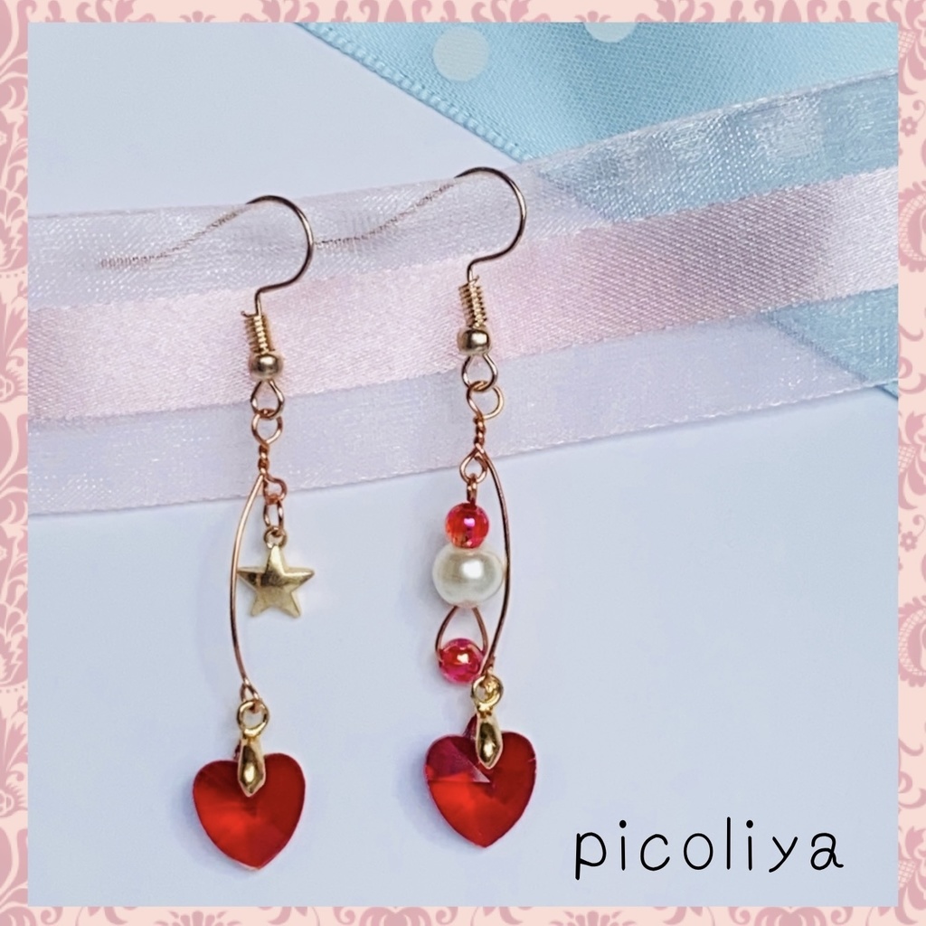 揺れるオーロラガラス ハートのピアス レッド Ykmyk Picoliya Booth