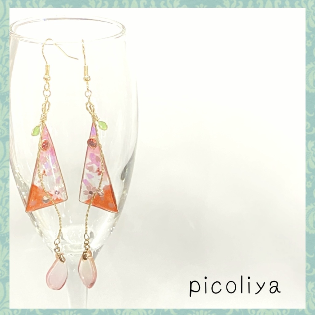 ワイヤーアート&レジン/ステンドグラス和風ピアス(ソメイヨシノ/ピンク系)