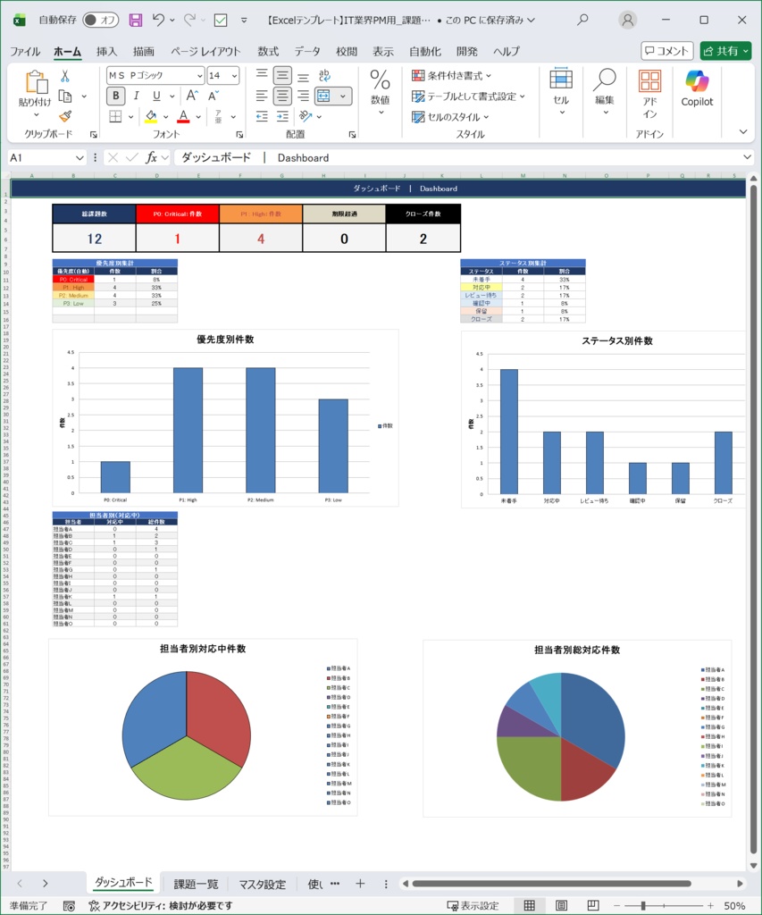 【Excelテンプレート】IT業界PM用 課題管理表|優先度自動判定・マクロなし・運用ガイド付き