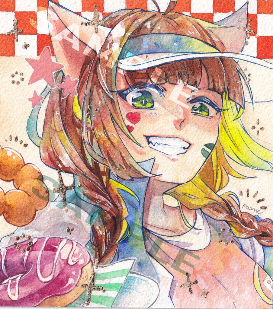 【額付き】水彩原画（ミニ色紙サイズ）　ニャミ