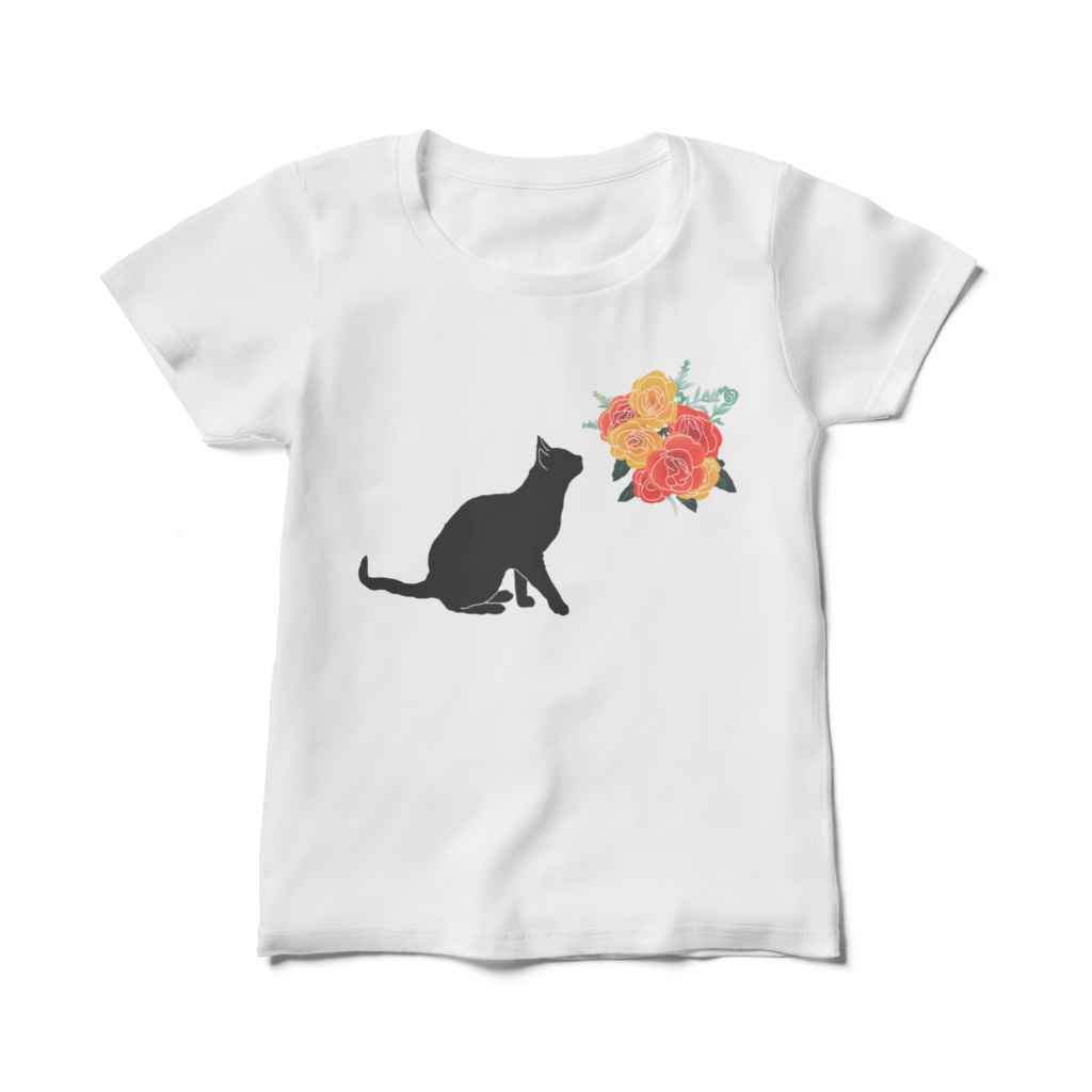 Cat and Flower T-shirt 黒猫と花Tシャツ