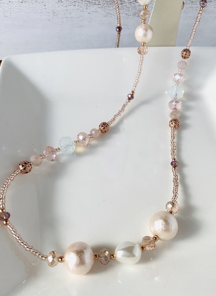 【再販無し】ピンクコットンパールのロングネックレス