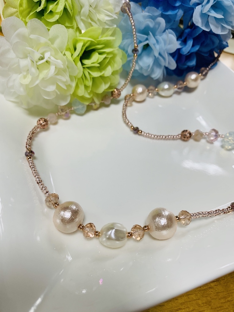 【再販無し】ピンクコットンパールのロングネックレス