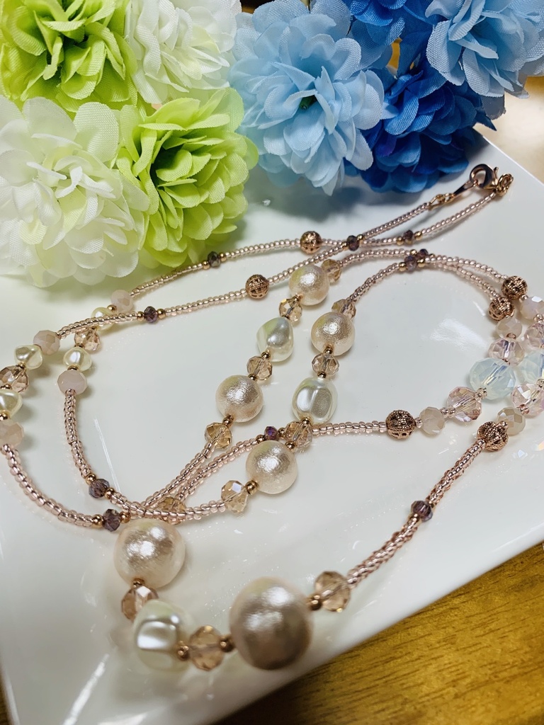【再販無し】ピンクコットンパールのロングネックレス