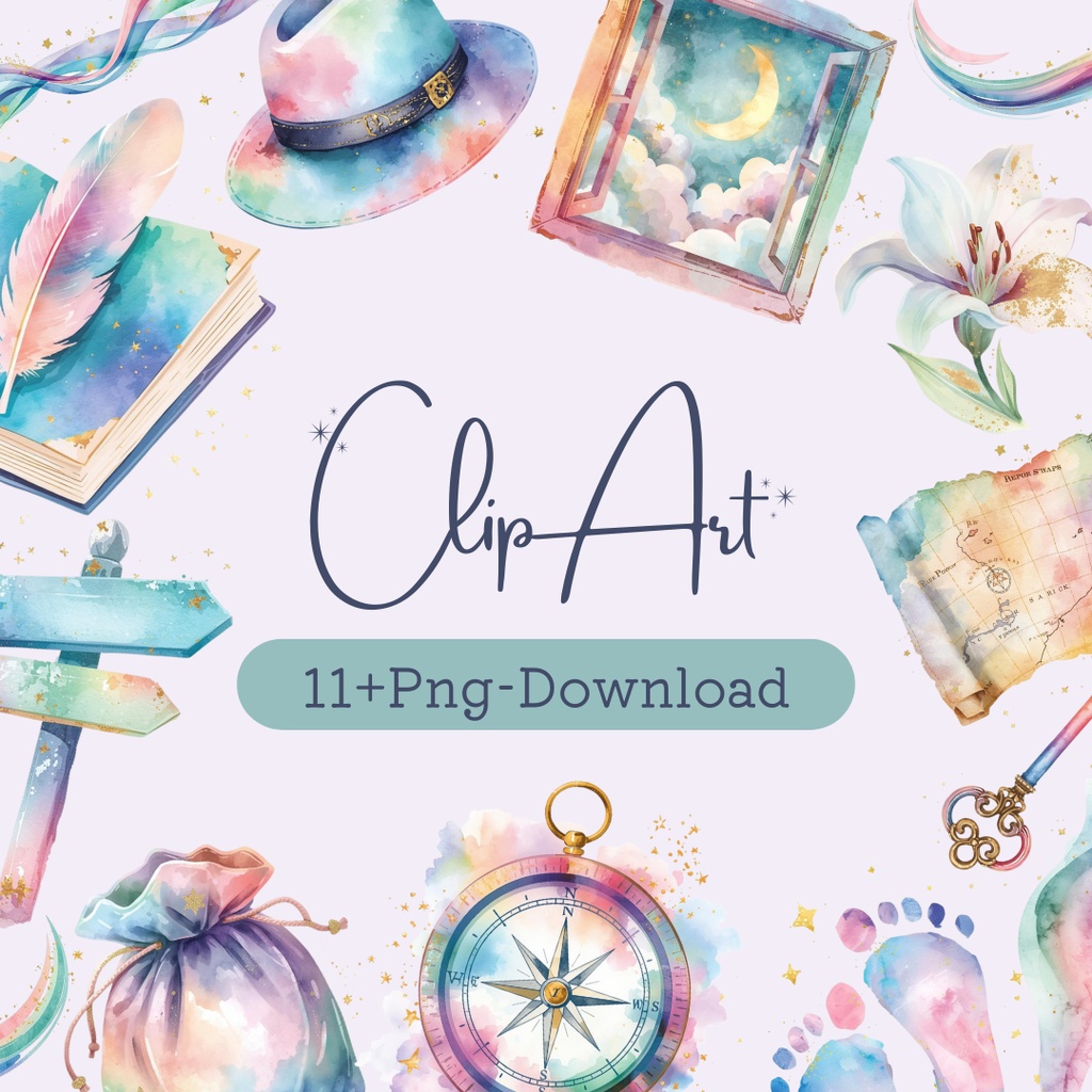 【旅のはじまり】水彩POPアンティーク クリップアート11点セット（おまけ付）｜Canva・手帳・SNS用｜PNG背景透過