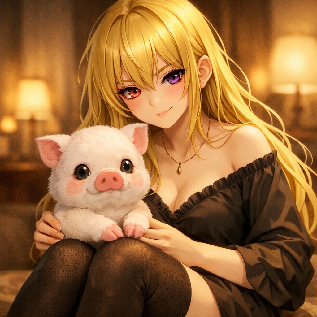 美女とマイクロブタのAIイラスト素材
