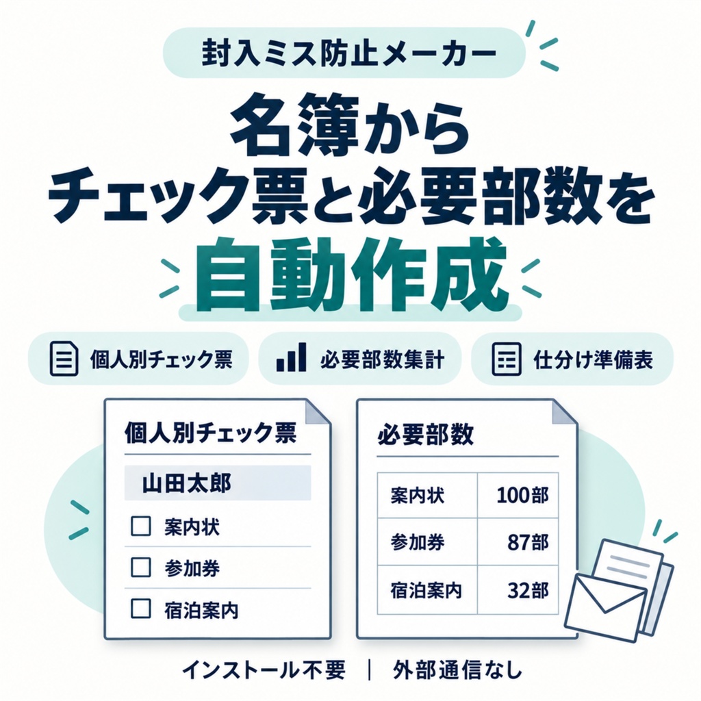 封入ミス防止メーカー｜名簿から個人別チェック票と必要部数を自動作成